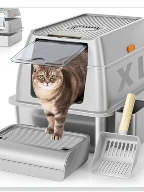 XL Stainless Steel Cat Litter Box Enclosed High Sided Anti Leak w Scoop